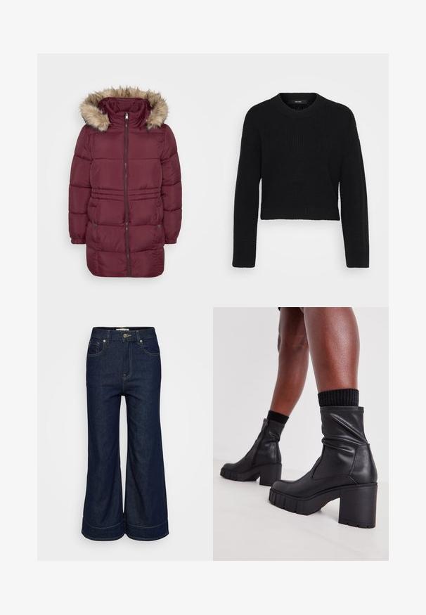 Bordeauxrood gewatteerde winterjas met rits aan de voorkant, elastische manchetten, twee drukknoopzakken en een kap afgewerkt met lichtbruine nepbont.; Zwarte cropped sweater gemaakt van gebreide stof. Heeft een ronde halslijn, lange mouwen en een gestructureerd oppervlak met een aansluitende pasvorm aan de onderkant.; Donkerblauwe denim jeans met wijde pijpen, voorzien van een knoop- en ritsluiting aan de voorkant en een vijf-pocket ontwerp, gepresenteerd op een effen lichte achtergrond.; Zwarte leren enkelboots met een slouch-ontwerp, chunky hoge hak en een gestructureerde rubberen zool. Voorzien van een ritssluiting aan de zijkant.