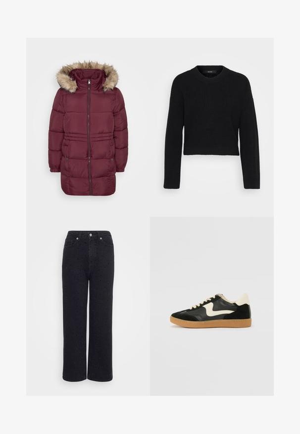 Bordeauxrood gewatteerde winterjas met rits aan de voorkant, elastische manchetten, twee drukknoopzakken en een kap afgewerkt met lichtbruine nepbont.; Zwarte cropped sweater gemaakt van gebreide stof. Heeft een ronde halslijn, lange mouwen en een gestructureerd oppervlak met een aansluitende pasvorm aan de onderkant.; Zwarte denim broek met wijde pijpen en hoge taille, voorzien van decoratieve studs en een zachte textuur.; Zwarte suède en leren sneaker met een crèmekleurige zij-swoosh en lichte crèmekleurige hiel. Voorzien van beige veters en een gumrubberen zool.