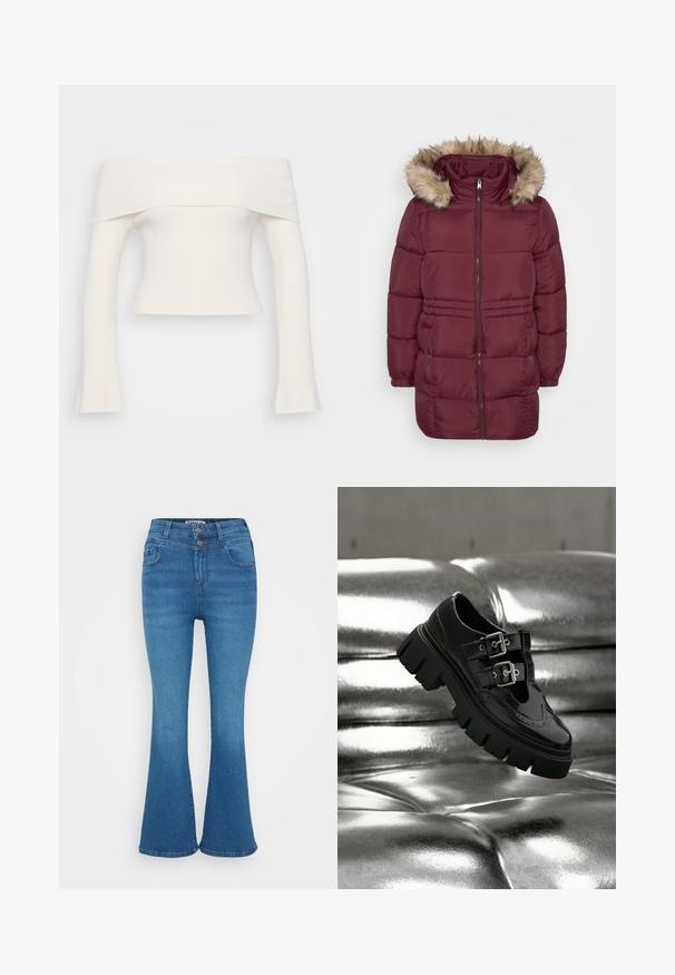 Manteau d'hiver matelassé bordeaux avec fermeture éclair sur le devant, poignets élastiques, deux poches à pression et capuche bordée de fausse fourrure brun clair.; Haut en tricot côtelé, dénudé sur les épaules, de couleur blanche. Design court avec des manches longues évasées aux poignets. Texture douce, détails minimaux.; Jean flair en denim bleu avec taille haute, fermeture à deux boutons et décoloration subtile. Design classique à cinq poches, texture lisse.; Chaussure noire à semelle épaisse avec double boucle argentée flottant au-dessus d'une surface matelassée argentée métallique brillante.