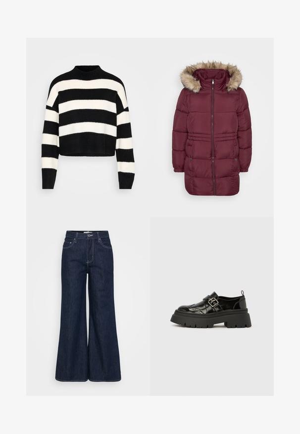 Manteau d'hiver matelassé bordeaux avec fermeture éclair sur le devant, poignets élastiques, deux poches à pression et capuche bordée de fausse fourrure brun clair.; Pull cropped à manches longues noir et blanc à rayures horizontales, avec un col montant côtelé et des poignets, présenté sur un fond clair.; Pantalon large en denim foncé avec une taille haute, doté de poches avant, de surpiqûres contrastantes et d'un ourlet propre.; Mocassin en cuir verni noir avec une semelle crantée épaisse, des détails brogués et une bride à boucle argentée franchissant le cou-de-pied.