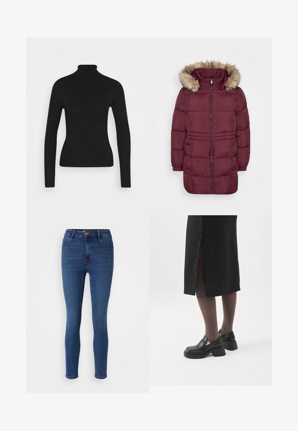 Bordeaux polstret vinterjakke med frontlynlås, elastiske manchetter, to trykknaplommer og hætte kantet med lyst brunt kunstpels.; Sort turtleneck sweater med lange ærmer, lavet af et glat strikket stof. Har et tætsiddende design og en ribbet krave.; Slanke jeans lavet af denim i en dyb blå farve med svag slidtegn. Har en lynlås, forlommer og rene kanter.; Kvinde iført sorte loafers med chunky hæl, sorte tynde strømpebukser og en sort nederdel med slids bagpå på hvid baggrund.