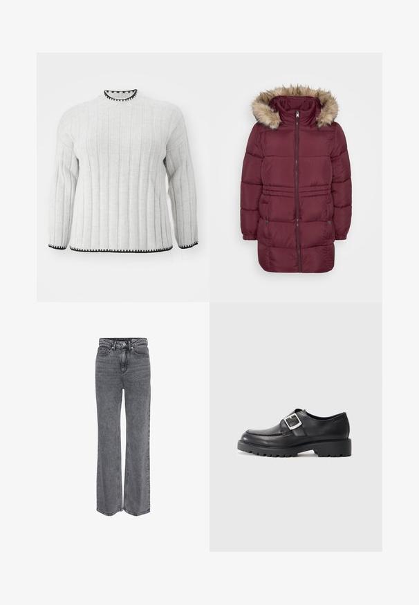 Bordeaux polstret vinterjakke med frontlynlås, elastiske manchetter, to trykknaplommer og hætte kantet med lyst brunt kunstpels.; Lys grå ribbet sweater med lange ærmer, der har en sort kant ved den høje halsudskæring og kanten. Blød tekstur og afslappet design.; Grå denimjeans i høj talje og med lige ben, med frontknap, lynlåslukning og klassisk design med fem lommer.; Sorte lædersko med en rund tå, der har en sidebuckle-detalje og en tyk, robust sål. Glat tekstur med minimal syning.