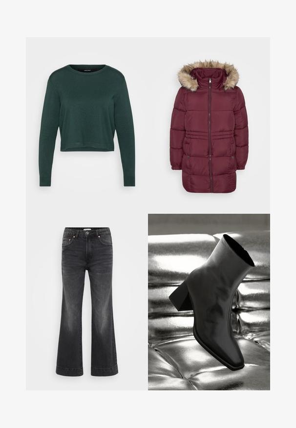 Manteau d'hiver matelassé bordeaux avec fermeture éclair sur le devant, poignets élastiques, deux poches à pression et capuche bordée de fausse fourrure brun clair.; Pull court vert foncé avec un col rond et des manches longues, présentant une texture tricotée et un ourlet et des poignets côtelés.; Jean large noir à taille haute, en denim. Comprend des poches avant, des rivets en cuivre et des coutures visibles le long des ourlets.; Botte noire à la cheville en matériau brillant avec un bout carré et un talon effilé, sur un fond argenté brillant et capitonné.