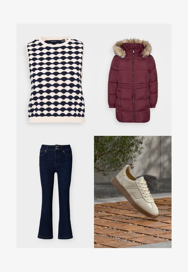 Manteau d'hiver matelassé bordeaux avec fermeture éclair sur le devant, poignets élastiques, deux poches à pression et capuche bordée de fausse fourrure brun clair.; Pull-over sans manches en tricot bleu marine et crème avec un motif ondulé texturé. Encolure ronde et ourlet côtelé. Fabriqué en tissu tricoté doux.; Jean flare en denim bleu foncé avec fermeture à double bouton à la taille et poches avant, présenté sur un fond clair uni.; Baskets couleur crème avec une semelle extérieure en caoutchouc beige texturée, un design à lacets et un marquage subtil sur le côté. Tige en cuir lisse.