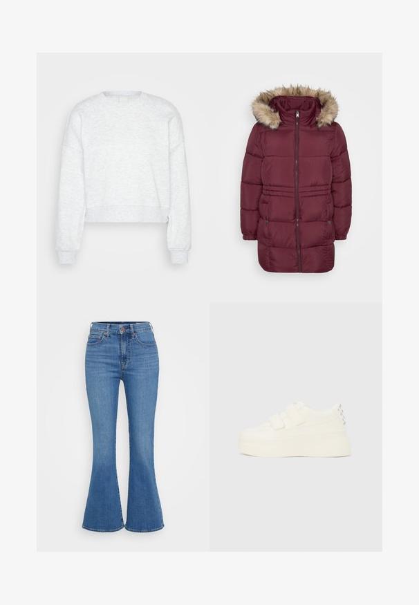 Manteau d'hiver matelassé bordeaux avec fermeture éclair sur le devant, poignets élastiques, deux poches à pression et capuche bordée de fausse fourrure brun clair.; Sweatshirt court à manches longues de couleur gris clair, avec des poignets côtelés et un col rond haut, présenté sur un fond uni léger.; Jeans évasés bleu clair avec une taille haute, en denim. Comprend deux poches avant et une fermeture à bouton à la taille.; Baskets à plateforme blanches avec double fermeture Velcro et clous argentés sur le talon, vues de côté sur un fond uni.