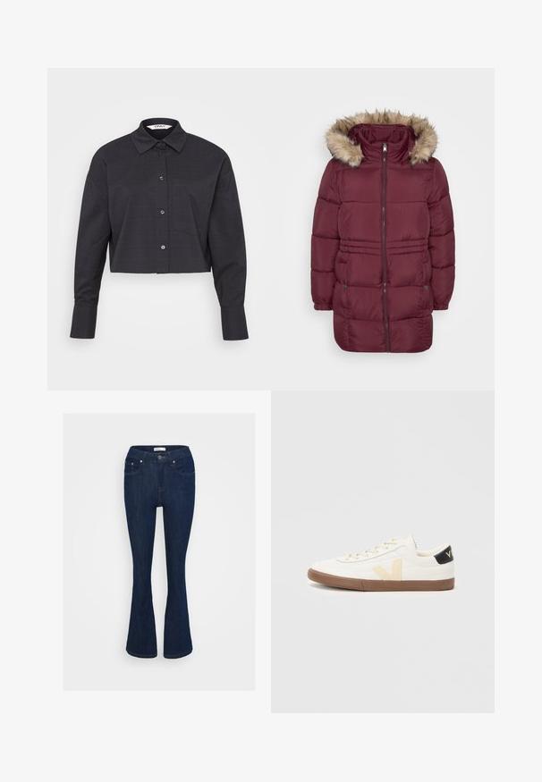 Bordeaux polstret vinterjakke med frontlynlås, elastiske manchetter, to trykknaplommer og hætte kantet med lyst brunt kunstpels.; Afskåret sort ternet skjorte lavet af vævet stof, med knaplukning foran, lange ærmer og en brystlomme.; Mørkeblå denim flared jeans med et klassisk fem-lomme design, metal knaplukning og syninger på lommerne.; Hvide sneakers lavet af glat syntetisk materiale, med et beige V-logo, lysbrun gummisål og sorte hælaccenter.