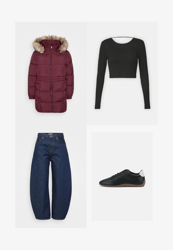 Bordeaux polstret vinterjakke med frontlynlås, elastiske manchetter, to trykknaplommer og hætte kantet med lyst brunt kunstpels.; Sort langærmet crop top med rund halsudskæring og glat stof. Har et enkelt design uden mønstre eller udsmykninger.; Mørkeblå denimjeans med en bred, afslappet pasform. Har lynlås, fire lommer og kontrastsyet syning langs sømmene.; Sort lavtoplæder-sneaker med brun sål, sorte snørebånd og hvid hælplet, vist på en ensfarvet lysegrå baggrund.