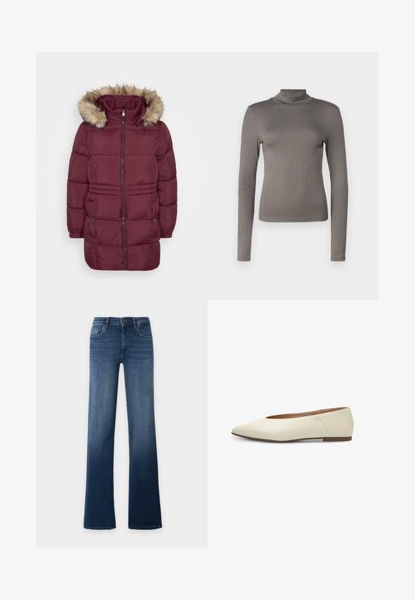 Bordeaux polstret vinterjakke med frontlynlås, elastiske manchetter, to trykknaplommer og hætte kantet med lyst brunt kunstpels.; Grå ribbet langærmet turtleneck top med et tætsiddende design og blød tekstur. Har en høj halsudskæring og slank silhuet.; Blå højtaljede, lige ben jeans med knap- og lynlåslukning, for- og baglommer, vist på en ensfarvet lys baggrund.; Ballet flats i cremelæder med spids tå og en lav, brun sål, der har en glat tekstur og minimalistisk design.