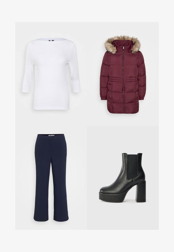 Abrigo de invierno acolchado en color burdeos con cremallera frontal, puños elásticos, dos bolsillos con presión y capucha adornada con pelo sintético de color marrón claro.; Blusa blanca de manga larga con escote barco y forma ajustada. Fabricada con una tela suave de textura ligera. Sin patrones ni acentos visibles.; Pantalones de campana azul marino con un acabado de tela suave, que presentan una cinturilla plana y sin costuras ni adornos visibles.; Botín de cuero negro hasta el tobillo con un tacón ancho y bloque, paneles laterales elásticos y una textura suave. Presenta una suela tipo plataforma para mayor altura.