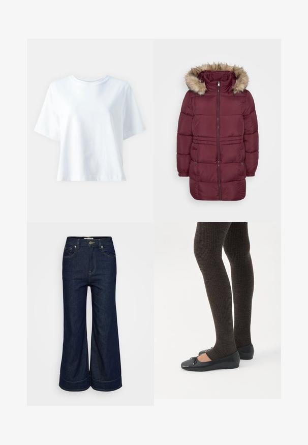 Manteau d'hiver matelassé bordeaux avec fermeture éclair sur le devant, poignets élastiques, deux poches à pression et capuche bordée de fausse fourrure brun clair.; T-shirt en coton blanc avec un col rond, des manches courtes, une coupe décontractée et une texture lisse. Aucune motif ni accent visible.; Jean en denim bleu foncé à jambe large, avec fermeture à bouton et à glissière à l'avant, et design à cinq poches, présenté sur un fond clair.; Jambes portant des leggings côtelés foncés associés à des ballerines noires avec de petits détails en nœud sur fond blanc.
