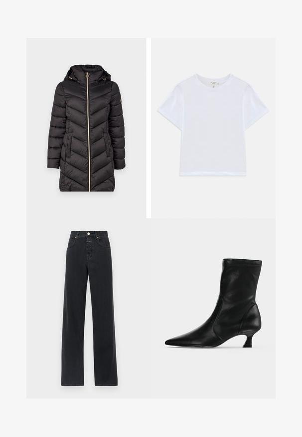 Veste matelassée noir avec un col montant, fermeture éclair dorée et deux poches latérales. Présente des coutures en chevron et une capuche amovible.; T-shirt blanc court en coton doux, avec un col rond et des manches courtes, d'ajustement légèrement décontracté. Pas de motifs ni d'accents.; Jean en denim noir avec taille haute, coupe droite, design à cinq poches, coutures visibles et fermeture à bouton en métal.; Botte mi-mollet en cuir noir avec bout pointu et petit talon kitten, vue de profil sur un fond clair uni.