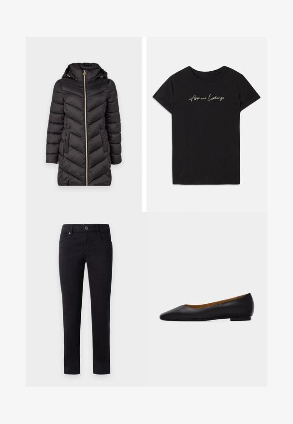 Sort quilted pufferjakke med høj krave, guld lynlås og to sidelommer. Har chevron-syninger og en aftagelig hætte.; Sort bomulds T-shirt med korte ærmer og rund halsudskæring, prydet med et kursiv "Armani Exchange" logo i hvid.; Sorte bomuldsbukser med lige ben-design, der har forlommer og en knaplukning i taljen. Glat tekstur uden mønstre.; Sort læder flad sko med spids tå, lav hæl og glat finish, vist fra siden på en lysegrå baggrund.
