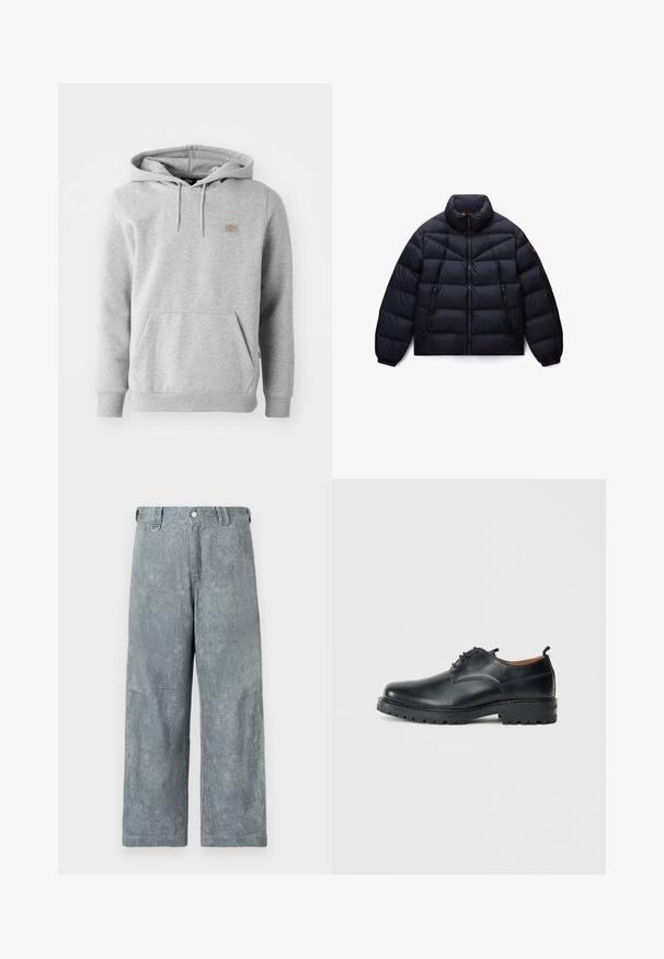 Veste matelassée noire avec fermeture éclair à l'avant, deux poches zippées, col montant, poignets élastiques, et un écusson rond avec logo sur la manche gauche.; Sweatshirt à capuche gris en matière polaire, avec une poche frontale, des poignets côtelés et un petit logo sur la poitrine.; Pantalons en denim gris clair à jambe large avec une finition texturée, dotés d'une fermeture à boutons, de passants de ceinture et d'un aspect légèrement décoloré.; Chaussures derby en cuir noir avec une texture lisse, bout rond, design à lacets et une semelle en caoutchouc épaisse et robuste.