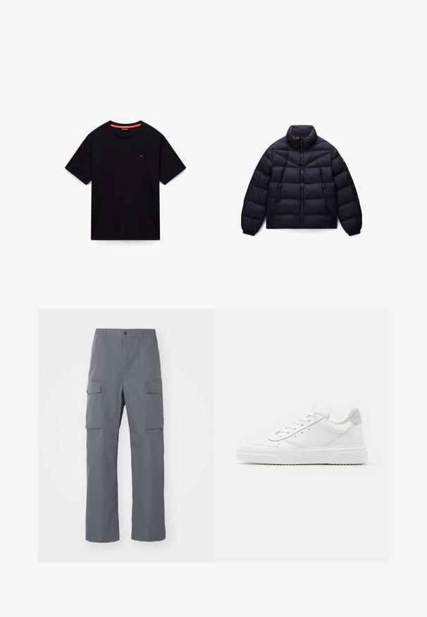 Sort polstret jakke med frontlynlås, to lynlåslommer, høj krave, elastiske manchetter og en rund logopatch på venstre ærme.; Sort kortærmet T-shirt med rund hals, lille logo på brystet og orange detalje i den indvendige krave, lagt fladt på en hvid baggrund.; Grå cargo-bukser lavet af holdbart stof. Funktioner inkluderer en elastisk talje, to store sidelommer og en lige benudskæring.; Hvide lædersneakers med en glat finish, rund tå, flade snørebånd og en struktureret sål. Grå ruskindsdetalje ved hælen.