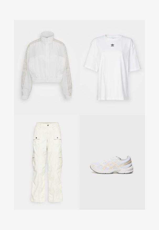 adidas Originals WINDBREAKER - Leichte Jacke - white; Weißes T-Shirt mit kurzen Ärmeln aus Baumwolle. Verfügt über einen Rundhalsausschnitt und ein kleines schwarzes Adidas-Logo auf der Brust. Gerader Saum.; Cargo-Hose aus hellbeigem Baumwollstoff mit zwei großen Seitentaschen, Knopfverschluss und einer lockeren Passform mit geradem Schnitt.; Weißer Sportschuh aus Netzmaterial, mit hellorange und grauen Akzenten, einer strukturierten Sohle und einem gepolsterten Kragen für Komfort.