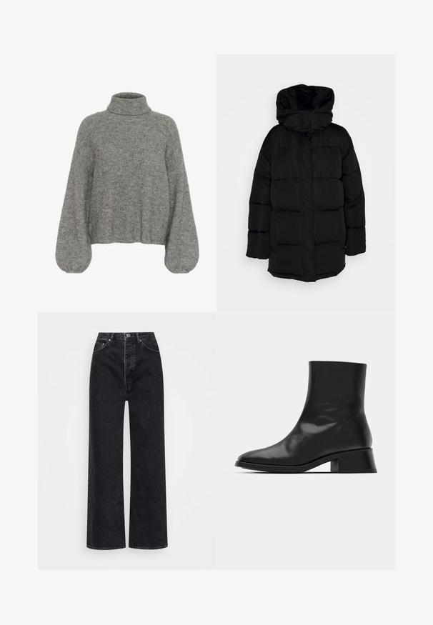 Doudoune noire avec capuche, dotée d'un design matelassé et d'une fermeture éclair à l'avant, fabriquée en tissu lisse et léger.; Pull en tricot gris à côtes avec un col montant, des épaules tombantes et des manches volumineuses. Texture douce et longueur cropped.; Jean large noir en denim, avec une taille haute, un design à cinq poches et une fermeture éclair avec bouton.; Bottine noire en cuir brillant, au design épuré, avec un bout pointu et un petit talon bloc pour plus de stabilité.