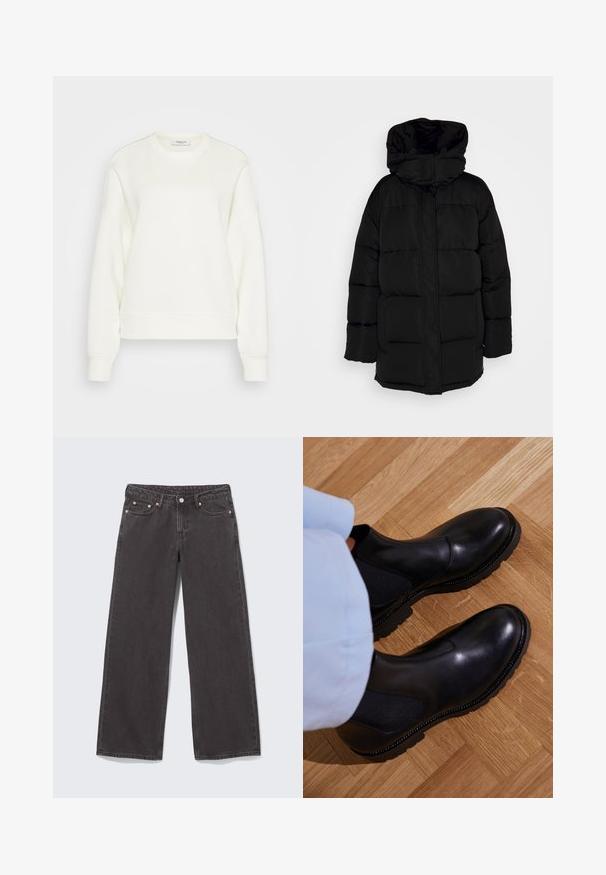 Sort pufferjakke med hætte, der har et quiltet design og frontlynlås, fremstillet af et glat, let stof.; Crewneck sweatshirt i off-white, lavet af blødt bomuldsblanding. Har lange ærmer, en afslappet pasform samt ribbet kant og manchetter.; Vidbenede sorte denimjeans med kobbernitter, fem lommer og knaplukning. Blød, robust tekstur med lige snit fra talje til kant.; Sorte ankelstøvler lavet af glat læder med elastiske sidepaneler, en tekstureret gummisål og kontraststing langs kanten.