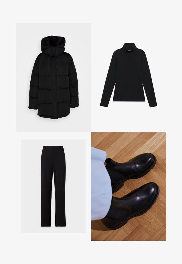Doudoune noire avec capuche, dotée d'un design matelassé et d'une fermeture éclair à l'avant, fabriquée en tissu lisse et léger.; Turtleneck à manches longues noir. Tissu doux, design près du corps, col montant et coutures latérales. Style simple et polyvalent, idéal pour le superposition.; Pantalon habillé noir à jambe droite avec des passants pour ceinture et sans poches visibles, présenté sur un fond gris clair uni.; Bottines noires en cuir lisse avec des panneaux latéraux élastiques, une semelle en caoutchouc texturé et des coutures contrastantes le long du bord.