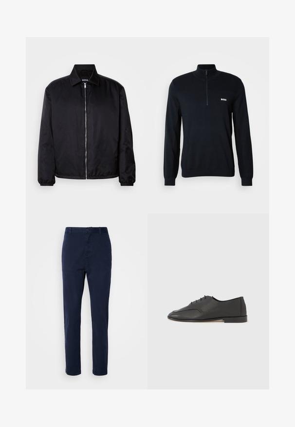 Zwarte jas gemaakt van lichtgewicht stof met een textuurpatroon, volledige ritssluiting en een klassieke kraag. Elastische manchetten zorgen voor een strakke pasvorm.; Marine pullover met een hoge kraag en een halve rits. Het materiaal is zacht met een gestructureerde afwerking. Heeft een klein wit "BOSS" logo op de borst.; Marineblauwe chinos gemaakt van lichtgewicht stof, met een recht toe-gevoegde ontwerp, drukknopsluiting en zijzakken. Glad van textuur zonder patronen.; Zwarte leren veterschoen Oxford met gestructureerd oppervlak en lage hak, zijaanzicht tegen een effen lichtgrijze achtergrond.