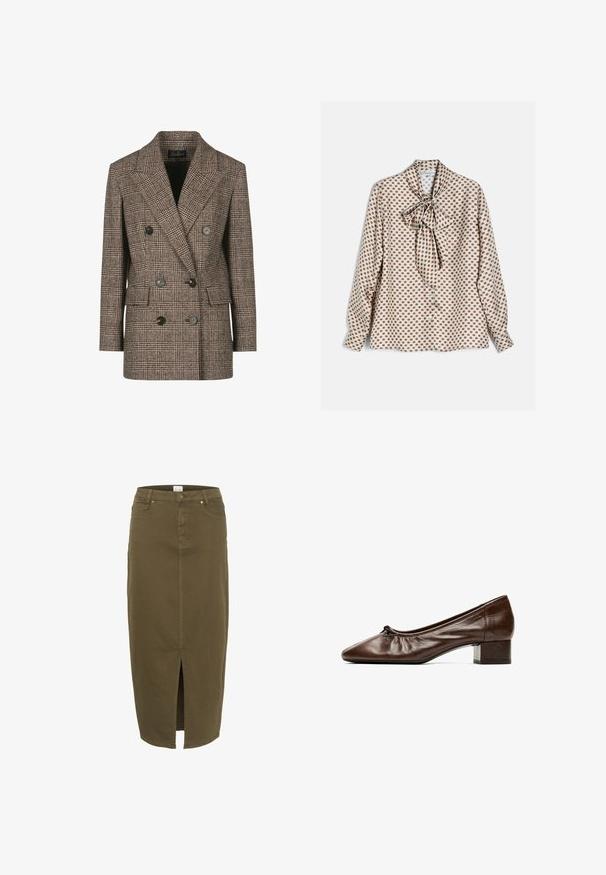 Brunternet ternet dobbeltradet blazer med notch-lapeller, store knapper og to forlommer. Tekstureret uld-blandingsstof.; Hvid bluse med lange ærmer med brunt firkantet mønster og stor bundet sløjfe ved halsudskæringen, vist på en flad overflade.; Olivengrøn denimnederdel, knælængde med en frontal slids, bæltesløjfer og to forlommer, med diskrete stikninger.; Brun lædersko til kvinder med lav hæl, rund tå og lille sløjfedetalje foran, vist fra siden på hvid baggrund.