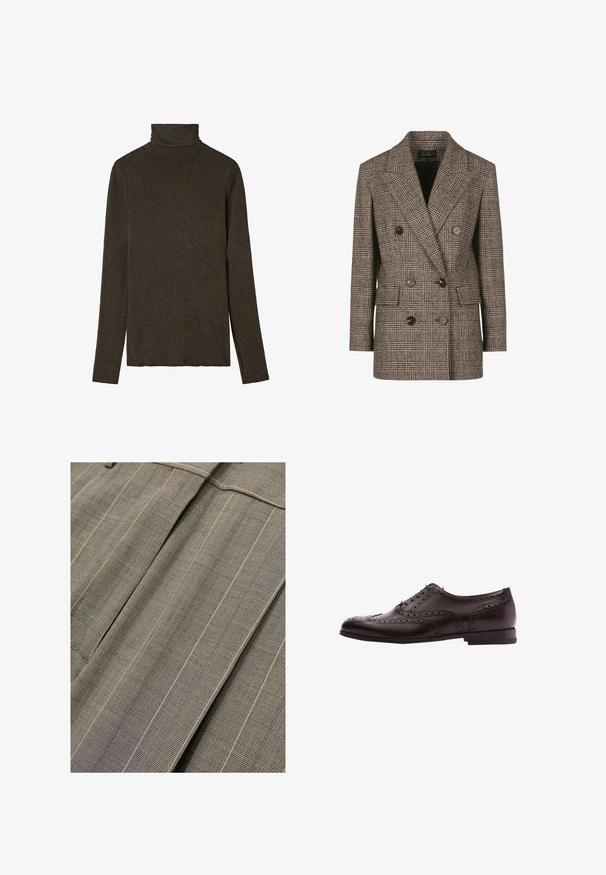 Bruine geruite dubbelbreasted blazer met geknipte revers, grote knopen en twee voorzakken. Geweven wolmix stof.; Donkerbruine coltrui gemaakt van zacht, gestructureerd materiaal. Heeft lange mouwen en een getailleerd ontwerp, met een gladde halslijn.; Close-up van beige stof met fijn raster en dunne verticale witte strepen, met scherpe plooien en gestikte naaddetails.; Bruine leren schoenen met brogue-details, vetersluiting, ronde neus en een lage gestapelde hak. Gepolijste afwerking en ingewikkelde perforaties.