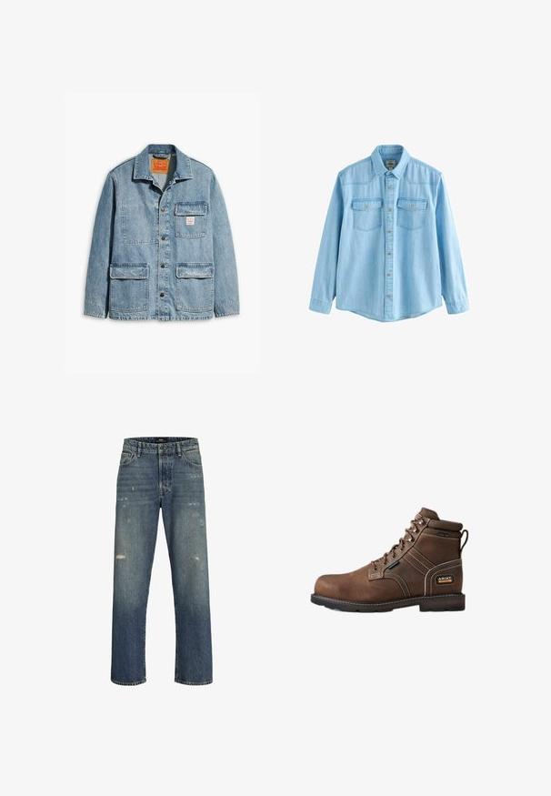 Chaqueta de mezclilla azul claro con cuello de solapa, cuatro bolsillos frontales y cierre de botón. Presenta una textura descolorida y una etiqueta de marca en el pecho.; Camisa de mezclilla azul claro de manga larga con botones en la parte frontal y dos bolsillos en el pecho con solapas abotonadas.; Vaqueros de mezclilla azul con un diseño de pierna recta, que presentan un ligero desgaste, una cinturilla estándar con cierre de botón y cinco bolsillos.; Bota de trabajo marrón de cuero con cordones, puntera de acero, etiqueta impermeable, cuello acolchado en el tobillo y logo Ariat Work en el talón.
