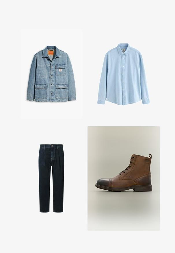 Chaqueta de mezclilla azul claro con cuello de solapa, cuatro bolsillos frontales y cierre de botón. Presenta una textura descolorida y una etiqueta de marca en el pecho.; Camisa de mezclilla azul claro de manga larga con botones y cuello, botones blancos, talla mediana, exhibida sobre un fondo blanco.; Pantalones de mezclilla oscura con un ajuste holgado, que cuentan con una cintura alta, pliegues, cierre frontal con botón y costuras de contraste doradas.; Bota de cuero marrón con cordones hasta el tobillo, puntera negra, suela redonda y detalle de marca en el lateral sobre un fondo liso.