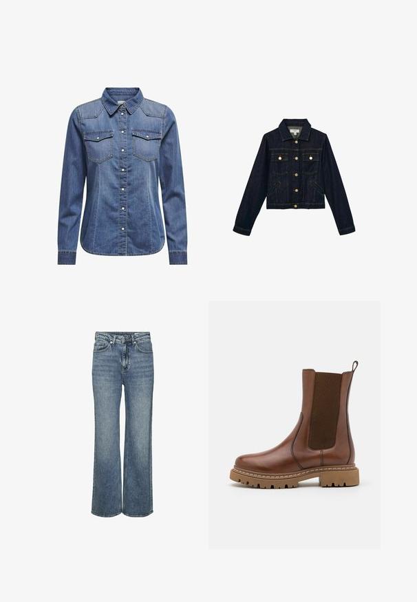Mørkeblå denimjakke med knapper foran, to brystlommer med klap og knapper, to sidelommer med slidser, lange ærmer og krave.; Denimskjorte i mørkeblå, med krave, lange ærmer, dobbelt brystlomme og kontrasterende syninger.; Lysblå brede jeans lavet af denim med en falmet vask, fem lommer, en forreste knaplukning og solide syningdetaljer.; Brune læder ankelstøvle med elastiske paneler og en trækflap. Har en kraftig gummisål og synlige stikninger langs kanterne.