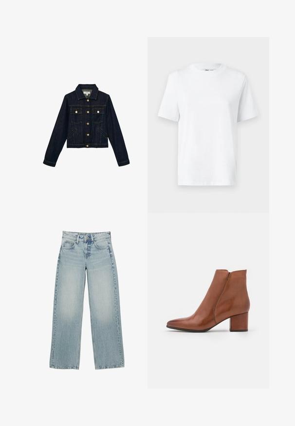 Mørkeblå denimjakke med knapper foran, to brystlommer med klap og knapper, to sidelommer med slidser, lange ærmer og krave.; Hvid bomulds T-shirt med rund hals, kortærmet og en glat tekstur. Designet med en afslappet pasform for komfort og alsidighed.; Lysblå denim bredbukser med høj talje, der har fem lommer, knaplukning og subtile falmninger for en slidt effekt.; Brune læder ankelstøvle med snudeformet tå, medium blokhæl og minimal sømdetaljering. Glat tekstur med en poleret overflade.