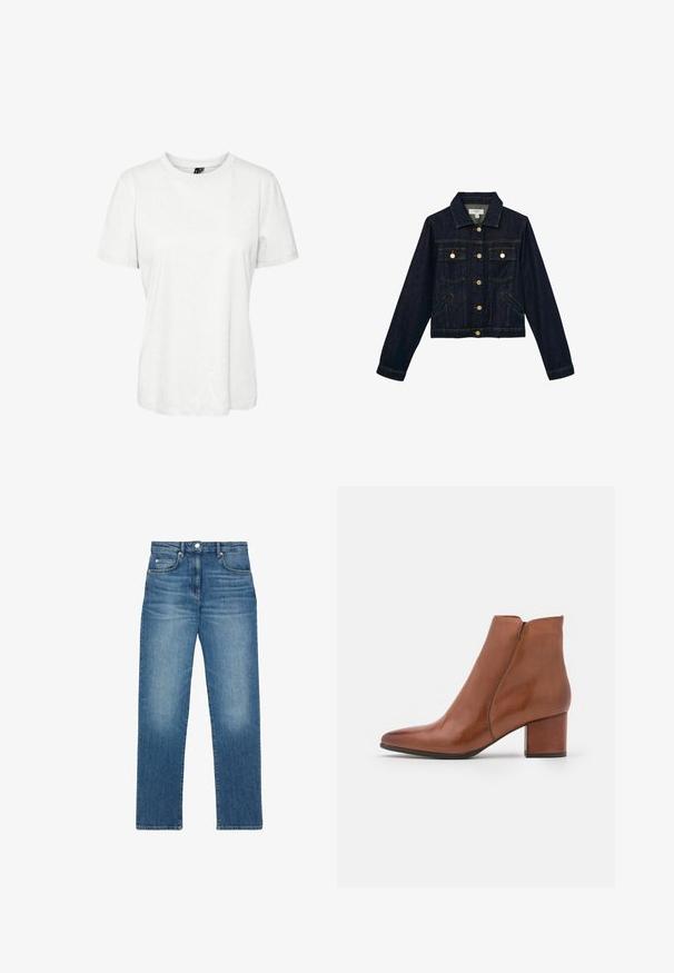 Mørkeblå denimjakke med knapper foran, to brystlommer med klap og knapper, to sidelommer med slidser, lange ærmer og krave.; Hvid kortærmet t-shirt lavet af bomuld med rund halsudskæring og afslappet pasform. Glat tekstur og ingen synlige mønstre eller dekorationer.; Blå straight-leg denim jeans med frontknap og lynlås, fem-lomme stil og subtile falmede detaljer på lår og knæ.; Brune læder ankelstøvle med snudeformet tå, medium blokhæl og minimal sømdetaljering. Glat tekstur med en poleret overflade.