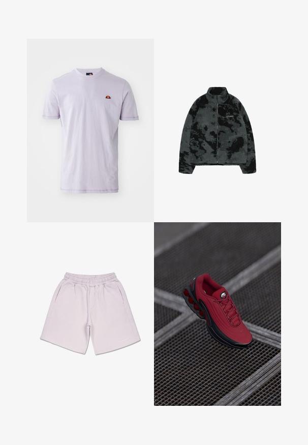 Fleece takki mustana ja harmaana pehmeällä tekstuurilla, korkea kaulus ja vetoketjukiinnitys. Ominaisuuksiin kuuluu camokuosi ja "ETERNITY" logo rinnassa.; Vaalean violetti puuvillainen t-paita lyhyillä hihoilla, pyöreällä kaula-aukolle ja pienellä brodeeratulla logolla, jossa on puolikaaren muotoinen kuvio punaisena ja keltaisena.; Vaaleanvioletit joustavyötäröiset shortsit sivutaskuilla ja pienellä "Pegador"-logolla vasemman jalan alaosassa.; Punainen lenkkari, jossa on teksturoitu päällinen, mustilla aksenteilla ja huomattavalla ilmatyynypohjan muotoilulla. Nauhat ja logo näkyvät päällä.