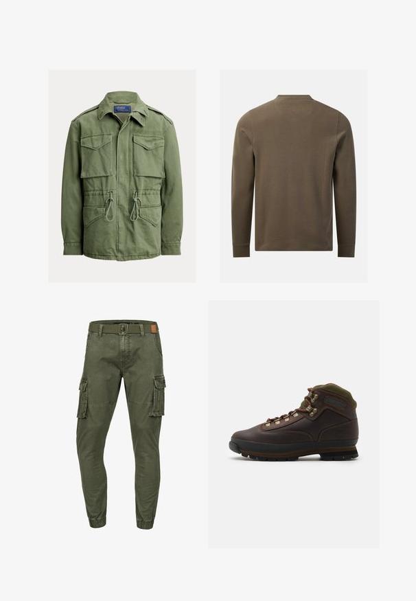 Olivovo zelená pracovná bunda so štyrmi vreckami s klopou, sťahovaním v páse, zipsom a gombíkmi vpredu a so zloženým golierom, štítok Polo by Ralph Lauren.; Dlhý rukáv, olivovo zelená textúrovaná košeľa zobrazená zozadu s okrúhlym výstrihom a jednoduchými manžetami na bielom pozadí.; Olívovo zelené cargo nohavice s elastickými manžetami, bočnými vreckami s klopami, prednými vreckami, pútkami na opasok a čiernym opaskom so zapínaním na gombík.; Hnedá kožená turistická topánka s zeleným textilným golierom. Má kovové háčiky na šnúrky, gumovú podrážku a textúrovaný dezén pre trakciu.