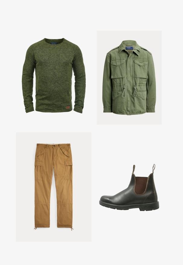 Veste utilitaire vert olive avec quatre poches à rabat, taille à cordon, fermeture éclair et boutons sur le devant, col plié, étiquette Polo par Ralph Lauren.; Pull vert en tricot texturé, avec un col rond, des manches longues et un petit patch logo marron en bas à l'avant.; Pantalon cargo marron avec fermeture à boutons, boucles pour ceinture, poches à rabats sur les cuisses et cordons aux chevilles, posé à plat sur un fond blanc.; Bottines Chelsea en cuir noir lisse avec des panneaux élastiques marron sur les côtés, des coutures contrastantes et une semelle en caoutchouc texturée.
