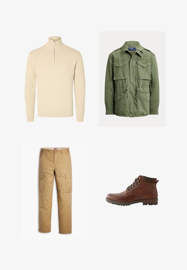 Olivovo zelená pracovná bunda so štyrmi vreckami s klopou, sťahovaním v páse, zipsom a gombíkmi vpredu a so zloženým golierom, štítok Polo by Ralph Lauren.; Béžový pletený sveter s vysokým rebrovaným golierom a krátkym predným zipsom, s dlhými rukávmi a rebrovanými rukávmi a lemom.; Hnedé cargo nohavice vyrobené z odolnej zmesi bavlny. Obsahujú dve bočné cargo vrecká a rovný strih s jemne textúrovaným povrchom.; Hnedá kožená členková šnurovacia topánka s tmavohnedým polstrovaným golierom a odolnou podrážkou, zobrazená z bočného profilu na bielom pozadí.
