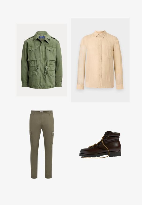 Chaqueta utilitaria verde oliva con cuatro bolsillos con solapa, cintura con cordón, cremallera y botones en la parte delantera y cuello doblado, etiqueta Polo de Ralph Lauren.; Camisa beige de manga larga hecha de lino, con cuello abotonado, bolsillo delantero y textura sutil con detalles de costuras visibles.; Pantalones cargo verde oliva fabricados con un tejido ligero, con un corte recto, bolsillos laterales y puños elásticos en los tobillos.; Botas de senderismo de cuero marrón con punta redondeada, superficie texturizada, cordones amarillos y ojales de metal. Cuentan con una suela de goma negra resistente.