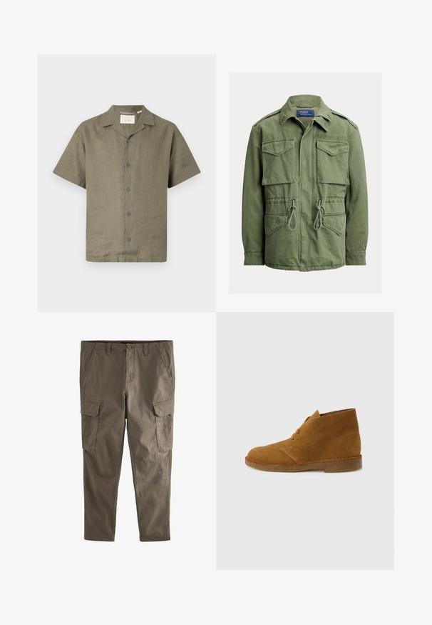 Oliivroheline praktiline jakk nelja klapiga tasku, nööriga vöökoht, esiküljel lukk ja nööbid ning voltidega krae, Polo by Ralph Lauren silt.; Lühikeste varrukatega shirt oliivroheline linane kangas, millel on lahtine krae ja kuus sobivat nööpi ees, esitleb lõdvat istuvust ja tekstuurset kangast.; Olive roheline kangas cargo püksid, millel on mitu küljetaskut, sirge sääre disain ning luku ja nööbiga sulgemine.; Pruun seemisnahast pahkluni kõrge kõrbesaabas kahe silmusega ja krekse tallaga lihtsal helehallil taustal.