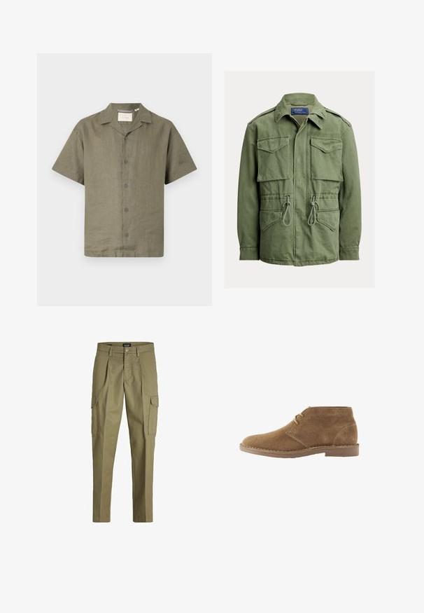 Oliivinvihreä utiliteettitakki, jossa neljä läppätaskua, kiristysnyöri vyötäröllä, vetoketju ja napit edessä sekä käännetty kaulus, Polo by Ralph Lauren -merkki.; Lyhythihainen paita oliivinvihreää pellavaa, jossa on leirintätyylinen kaulus ja kuusi samanväristä nappia edessä. Paidassa on rento istuvuus ja teksturoitu kangas.; Olivi vihreät cargo-housut, jotka on valmistettu kestävästä kankaasta. Niissä on pleateja, kaksi sivutaskua ja säädettävä vyötärö nappikiinnityksellä.; Ruskea mokkanahkainen nilkkapitoinen vapaa-ajan kenkä, jossa on kaksi nyörireikää ja ommeltu pohja valkoisella taustalla, sivuprofiili.