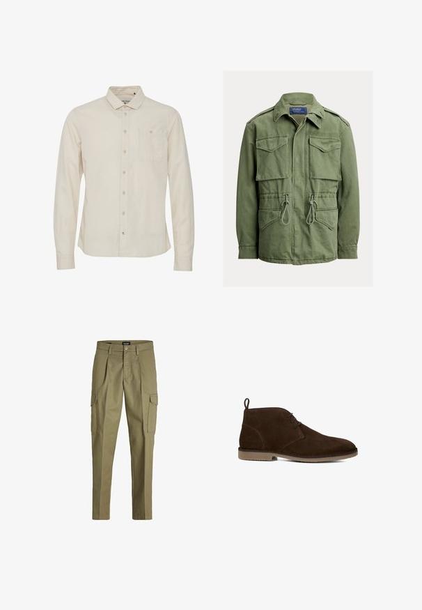 Veste utilitaire vert olive avec quatre poches à rabat, taille à cordon, fermeture éclair et boutons sur le devant, col plié, étiquette Polo par Ralph Lauren.; Chemise à manches longues beige clair avec un col boutonné, poche poitrine simple et texture subtile. Fermeture à boutons sur le devant.; Pantalons cargo en vert olive, fabriqués en tissu durable, avec des plis, deux poches latérales et une taille ajustable avec une fermeture à bouton.; Bottine en suède marron avec deux œillets pour les lacets, languette au talon et semelle en caoutchouc marron clair, vue de l'intérieur.