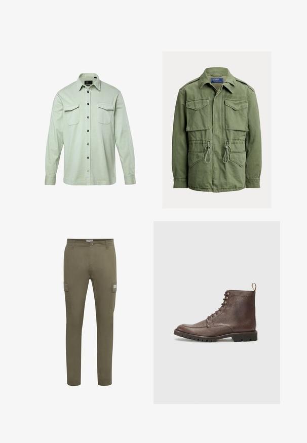 Oliven grøn arbejdsjakke med fire klaplommer, snøre i taljen, lynlås og knapper foran samt en foldet krave, Polo fra Ralph Lauren-mærket.; Lys grøn langærmet skjorte med knapfront, to brystlommer og sorte knapper. Fremstillet af tekstureret stof, med foldet krave og manchetter.; Olivenfarvede cargo bukser lavet af letvægtsstof, med lige pasform, sidelommer og elastiske manchetter ved anklerne.; Hackett London SLOANE APRON - Snørestøvletter - dark mocca brown