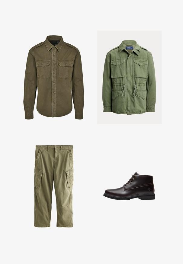 Olivgrüne Utility-Jacke mit vier Klappentaschen, Taillenzug, Reißverschluss- und Knopfleiste vorne sowie einem umgelegten Kragen, Polo von Ralph Lauren-Label.; Olivgrünes Button-Down-Shirt aus Baumwolle. Verfügt über einen Kragen, zwei Brusttaschen mit Klappen und strukturierte Schultern mit sichtbaren Nähten.; Grüne Cargohose mit Vordertaschen, seitlichen Klappentaschen, Gürtelschlaufen und Knopfverschluss an der Taille.; Dunkelbrauner Leder-Schnürstiefel mit schwarzer Sohle und dezentem Markenlogo an der Seite, im Profil vor weißem Hintergrund gezeigt.