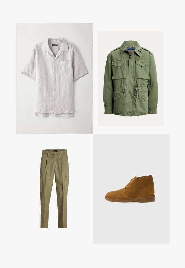 Veste utilitaire vert olive avec quatre poches à rabat, taille à cordon, fermeture éclair et boutons sur le devant, col plié, étiquette Polo par Ralph Lauren.; Chemise en lin gris clair à manches courtes avec un col pointu, une poche avant et quatre boutons le long du centre. Texture lisse, coupe décontractée.; Pantalons cargo en vert olive, fabriqués en tissu durable, avec des plis, deux poches latérales et une taille ajustable avec une fermeture à bouton.; Botte désert en daim marron montant à la cheville avec deux œillets et semelle en crêpe sur fond gris clair uni.