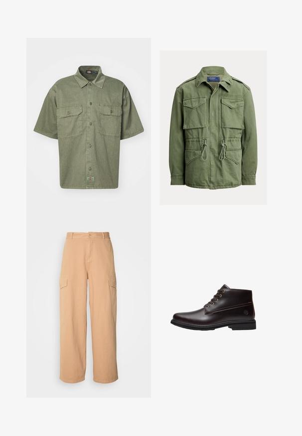 Olivovo zelená pracovná bunda so štyrmi vreckami s klopou, sťahovaním v páse, zipsom a gombíkmi vpredu a so zloženým golierom, štítok Polo by Ralph Lauren.; Krátky rukáv, olivovo zelená košeľa vyrobená z textúrovanej látky, s golierom, dvoma prednými vreckami a malou značkovou nálepkou na okraji.; Béžové široké cargo nohavice vyrobené z ľahkého materiálu, s dvoma bočnými vreckami a zapínaním na gombík v oblasti pásu. Mäkčená textúra.; Tmavohnedá kožená členková obuv so šnurovaním, čiernou podrážkou a jemným logom značky na boku, zobrazená v profile na bielom pozadí.