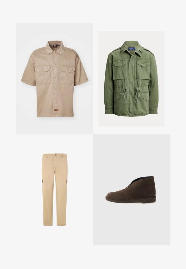 Olivovo zelená pracovná bunda so štyrmi vreckami s klopou, sťahovaním v páse, zipsom a gombíkmi vpredu a so zloženým golierom, štítok Polo by Ralph Lauren.; Krátky rukáv, béžová košeľa vyrobená z bavlny s predným zapínaním na gombíky, dvoma náprsními vreckami a malou značkovou etikou na spodnej strane.; Béžové cargo nohavice vyrobené z bavlny, s rovnými nohavicami, dvoma postrannými vreckami a gombíkovým zapínaním v páse. Hladká textúra.; Hnedá semišová členková topánka s dvoma očkami, nízkym podpätkom a prešívanou podrážkou na jednofarebnom svetlošedom pozadí.