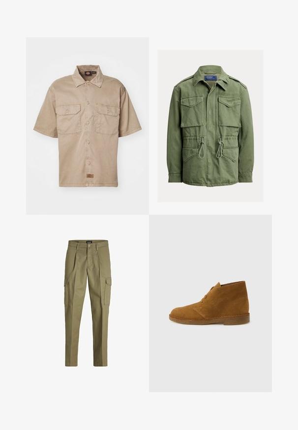 Oliivroheline praktiline jakk nelja klapiga tasku, nööriga vöökoht, esiküljel lukk ja nööbid ning voltidega krae, Polo by Ralph Lauren silt.; Lühikeste varrukatega beež puuvillane särk, millel on nupud ees, kaks rinna taskut ja väike brändi etikett all.; Oliivrohelised cargo püksid, valmistatud vastupidavast kangast, pleatide, kahe küljetasku ja nupuga reguleeritava vöökohtadega.; Pruun seemisnahast pahkluni kõrge kõrbesaabas kahe silmusega ja krekse tallaga lihtsal helehallil taustal.