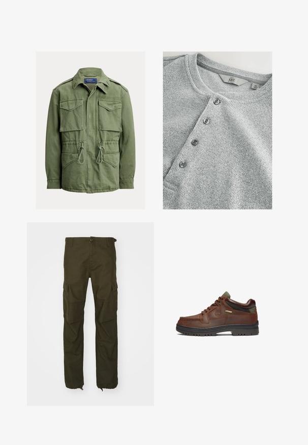 Olivovo zelená pracovná bunda so štyrmi vreckami s klopou, sťahovaním v páse, zipsom a gombíkmi vpredu a so zloženým golierom, štítok Polo by Ralph Lauren.; Sivý pletený sveter s dlhými rukávmi a okrúhlym výstrihom, päť gombíkovou légou, ryhovanou štruktúrou a priliehavým strihom. Štítok naznačuje veľkosť M.; Olivové cargo nohavice vyrobené z odolného materiálu, s gombíkovým zapínaním, viacerými bočnými vreckami a elastickými manžetami na členkoch.; Hnedá kožená topánka s klasickým dizajnom, ktorá má šnurovanie, zelené akcenty a odolnú čiernu gumenú podrážku. Viditeľná značka GORE-TEX®.