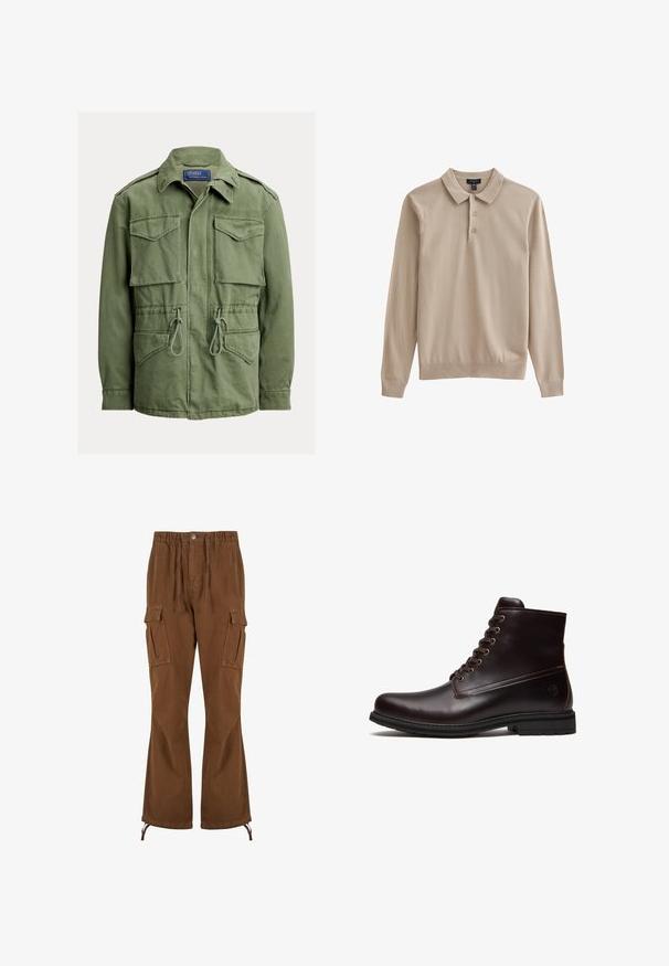 Oliven grøn arbejdsjakke med fire klaplommer, snøre i taljen, lynlås og knapper foran samt en foldet krave, Polo fra Ralph Lauren-mærket.; Beige langærmet polo skjorte med krave, tre knapper og ribstrikkede manchetter. Blødt stof med en ensartet tekstur.; Brune cargobukser med elastik i taljen, snoredetaljer, to sidelommer og bredere ben med justerbare kantbånd.; Mørkebrun læder snørestøvle med gummisål og subtilt præget logo nær hælen, vist fra ydersiden.