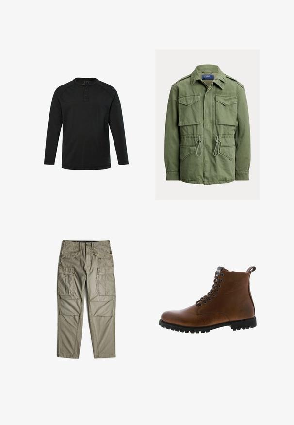 Olijfgroene utiliteitsjas met vier klepzakken, taillekoord, ritssluiting en knopen aan de voorkant, en een omgeslagen kraag, Polo by Ralph Lauren label.; Zwarte lange mouw Henley-shirt met drie knopen en een ronde hals, eenvoudig design en rechte zoom.; Kaki-kleurige cargobroek met meerdere klepzakken aan de voorkant en zijkanten, voorzien van riemlussen en een knoopsluiting.; Bruine leren enkelbotten met een gestructureerde afwerking, metalen oogjes en een zwarte rubberen profielzool. Voorzien van een trekband aan de achterkant voor gemakkelijke instap.