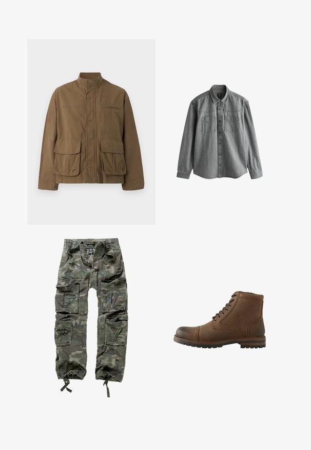 Chaqueta marrón abotonada con cuello alto, bolsillo en el pecho con cremallera, dos grandes bolsillos frontales con solapa y texto impreso sutil en el pecho izquierdo.; Camisa vaquera gris de manga larga con cierre de botones y dos bolsillos en el pecho, mostrada plana sobre un fondo blanco.; Pantalones cargo de camuflaje, confeccionados en algodón, con múltiples bolsillos, puños elásticos y un corte holgado con cintura ajustable mediante cordón.; Bota de cuero marrón hasta el tobillo con cordones delanteros y suela rugosa, diseñada para uso casual o al aire libre.