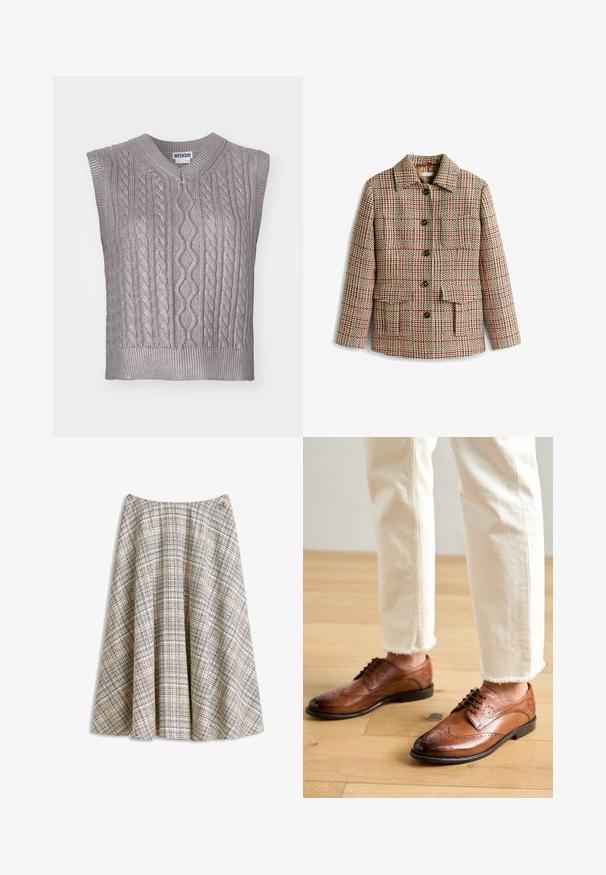 Tweedjakke i beige med ternet mønster, med røde accenter, krave, knaplukning og forlommer.; Ærmeløs grå kabelstrikket sweater med V-hals, der har teksturerede mønstre, ribbet kant og et mærke med teksten "WEEKDAY" ved halsudskæringen.; Beige A-formet nederdel med et tekstureret ternet mønster i sorte, brune og lyseblå linjer, med en lille broderet logo nær linningen.; Brune læder brogue sko med perforerede detaljer, rund tå og en glat overflade, parret med cremede bukser med frynset kant.
