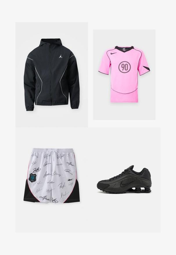 Chaqueta cortavientos negra con capucha, costuras de acento blancas y un logotipo bordado en el pecho. Puños y dobladillo elásticos para un ajuste ceñido.; Camiseta de fútbol Nike rosa con detalles negros y un logo redondo "90" en el centro. Manga corta, cuello en V y detalle de malla en los lados.; Pantalones cortos blancos con acentos negros y ribete rojo, con múltiples firmas en negro. Incluye un logo de Botter Antwerp en el lado izquierdo.; Zapatillas de running negras con un upper sintético liso, detalles perforados, paneles laterales texturizados y una suela distintiva y elástica.